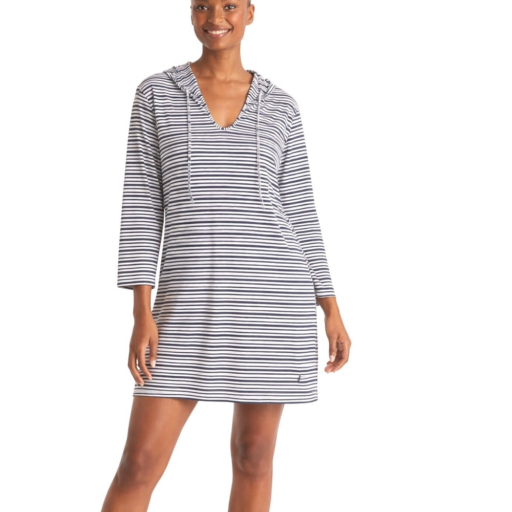 Nautica Womens Striped Hooded Cover Up Quick Dry Dress Blue White XL